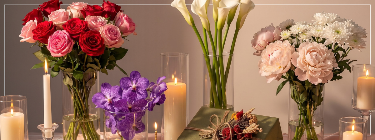 Wedding anniversary flowers by year featuring red and pink roses, purple orchids, and peach blooms arranged in elegant vases beside glowing candles