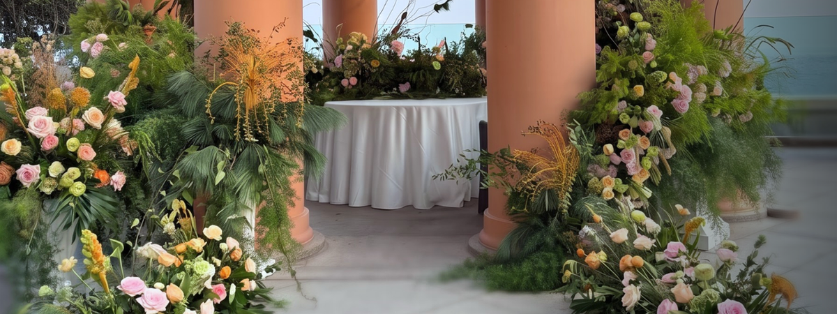 Pastel wedding flowers framing an elegant venue entrance, featuring Best Wedding Flowers by Season.
